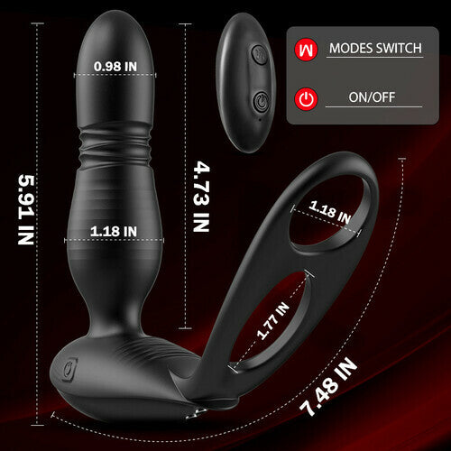 Low Noise 10 Thrusting & Vibrating Double Cock Rings Silicone Prostate Massager
